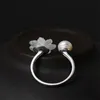 925 Sterling Silver Crystal Raining Flower Natural Freshwater Pearl Open Size Ringar för Kvinnor Lovers Gifts Etniska Uttalande Ring