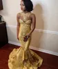 Light Yellow Mermaid Prom Dresses Sheer Jewel Neck Sequined Evening Gowns Appliqued Plus Size Sweep Train Beaded Formal Dress 326