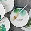 Green Tropical Leaves Porcelain Pizza Plates Jungle Party Dinner Dishes 8 inch Round with Black Edge Monstera Palm 4 Pattern