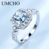 UMCHO reais S925 anéis de prata esterlina por Mulheres Blue Topaz Anel Gemstone Aquamarine Almofada Romantic Engagement presente Jóias LY191203