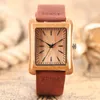 Creative Rectangle Dial Wood Watch Natural Handmade Light Bamboo Fashion Men039S Casual Quartz Wristwatch Leather Band Gift2114372