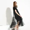 [eam] 2019 Spring New Large Size Long Big Size Net Yarn Spliced Black O-neck Short Sleeve Sexy Mesh Dress Woman 5xl 3361 MX190727 MX190801