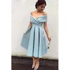 Fashion Off Shoulder Tea Length Cocktail Dress A Line Ruched Homecoming Party Dresses Light Blue Short Prom Dresses