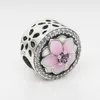 정통 925 스털링 실버 핑크 에나멜 목련 꽃 매력 Pandora 구슬을위한 원래 상자 팔찌 쥬얼리 만들기