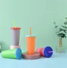 Temperature Color Changing Cold Cup Summer Drink Water Bottle Reusable Plastic Tumbler with Lids Straws OOA8074