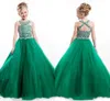 Robes de demoiselle d'honneur vertes avec dos croisé Sparkly Beaded Girl Pageant Dressses Custom Made Kids Wear