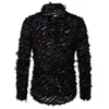 Svart Feather Lace Shirt Men Mode Se genom ClubWear Dress SHIRTS Mens Event Party Prom Transparent Chemise S-3XL