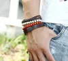 100% pulseira de couro genuíno de tecelagem de madeira Retro contas de cânhamo corda pulseira ajustável terno Combinação de Homens Bracelet 4styles / 1set