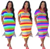 Newest Women Summer Dress women short sleeve v-neck dresses striped casual holiday wind loose 3 color mid long dresses Wholesale