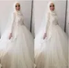 Abiti da sposa moderni musulmani Hijab Ball Gown 2019 Collo alto Appliques di pizzo Abiti di perline Dubai Abiti da sposa in pizzo arabo M81