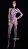 Sparkly Colorful Stripe Stripsuit Jumpsuit Sexy Mesh Cristais Bodysuit Bar Feminino Feminino Singer Show Stage Outfit Dança Performance Traje