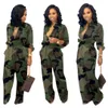 Kvinnor Camouflage Printed Plus Storlek Långärmad Bodycon Jumpsuit Casual Wrap Belt Button Down Female Total Jumpsuits Party Club Rompers