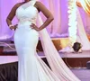 White and Gold Lace One Shoulder Mermaid Wedding Dress with Cape 2019 Modern Fashion African Bridal Gowns Custom Made Plus Size9774682