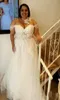 2020 Chic Plus Size A-Line Abiti da sposa Applique in pizzo con spalle scoperte Maniche ad aletta Perline Abito da sposa country da sposa