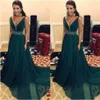 2020 A-Line Deep V-Neck Specjalne okazje Sukienki Szyfonowe Suknie Wieczorowe Hunter Green Prom Dresses Sash z koralikami cekinami