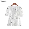 Vadim Mulheres V Neck Floral Bordado Blusa Ruffles Manga Curta Camisas Fashion White Casual Chique Tops Blusas Mujer Da278 Y19042902