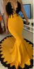 2020 Arabic Yellow Lace Sexy Evening Dresses Halter Mermaid Satin Prom Dresses Vintage Formal Party Bridesmaid Pageant Gowns