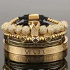 4 stks/set Goud Hip Hop Handgemaakte Kralen Armband Mannen Koper Pave CZ Zirkoon Kroon Romeinse Cijfer Armbanden Armbanden Sieraden