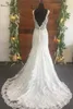 Abiti da sposa sirena Aperto Indietro Indietro V-Neck Lace Appliques Beaded Sweep Treno Illusione Top Sexy Abiti da sposa Dimensioni personalizzate