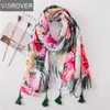 VISROVER tropical print scarf with tassel fashion summer viscose cactus scarf shawl women flamingo lady beach Boho Kawii scarves