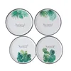 Green Tropical Leaves Porcelain Pizza Plates Jungle Party Dinner Dishes 8 inch Round with Black Edge Monstera Palm 4 Pattern