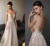 2020 New Ivory Berta Evening Dresses Deep V Neck Spaghetti Straps Embroidered Chiffon Backless Summer Illusion Long Prom Dresses 2018