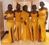 New Sexy Mermaid Long Bridesmaid Dresses African Off The Shoulder Split Satin Plus Size Maid of Honor Dresses Yellow Wedding Guest Dress