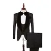 Jacquard Groom Tuxedos Svart Groomsmen Bröllopsklänning Velvet Lapel Man Jacka Blazer Dinner 3 Piece Suit (Jacka + Byxor + Vest + Tie) 1288