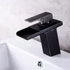 LED Sensor Color Change Bathroom Faucet Black Chrome Basin Mixer Waterfall Spout Cold and Hot Water Single Handle Tap