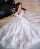 Stunning Plus Storlek Lace Bröllopsklänningar Spaghetti Straps V Neck En linje Tiered Bridal Gowns Sweep Train Tulle Robe de Mariée