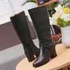 Hot Sale-Cow Leather Chunky Heel Knä High Knight Boots Fashion Metal Buckle Rain Boots Desert Motorcykel Stövlar Vinter Snö Stövlar, 35-41