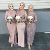 Erröten Muslimische Brautjungfernkleider Meerjungfrau High Neck Langarm Formelles Abendkleid Spitze Trauzeugin Kleider 2020 Elegant Hochzeitsgast