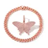 قلادة Hip Hop Rose Gold Butterfly قلادة وردية سلسلة تنس سلسلة تنس للرجال للنساء المثلجة خارج Zircon الأزياء Jewel3901806