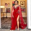 Plus la taille rouge foncé robes de bal dentelle appliques cap style côté fendu robes de soirée sud-africain étage longueur robe de soirée formelle