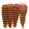 Weaves Light Brown Deep Curly Human Hair Bundles Deals with Lace Closure Color 30 Auburn Virgin Peruvian Hair Deep Wave Weaves with Closu