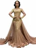 Champagne Overskirts Evening Dresses With O-Neck Lace Appliques Tulle Plus Size Prom Dress Long Sleeves Mother Of The Bride Gowns