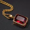 Red Green Black Large Lab Ruby Rectangle GEM Pendant Bling Simulated Diamonds Ruby Jewelry 18K Yellow Gold Plated Necklace310q