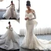 Wspaniała Długie Rękaw Suknia Ślubna 2019 Illusion Top Lace Aplikacje Suknie ślubne z dużą spódnicą wymienną Bow Back Vestidos de Novia