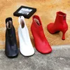 Venda Quente-Mais Novo Preto Vermelho Branco Couro Botas Curtas Salto alto Saltos Estilo Boots Mulheres Redonda Toe Back Zipper Ankle Botas