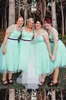 Turquoise Tulle Thee Lengte Bruidsmeisjes Jurken Sweetheart Cap Mouw Geplooid Paars Lint Plus Size Party Jurk Bruiloft Gasten Maid of Honour