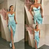 Himmelblaue arabische Meerjungfrau-Abendkleider mit Herzausschnitt und hohem Schlitz, Satin, gerüscht, bodenlang, elegantes, formelles Partykleid, günstig