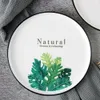 Green Tropical Leaves Porcelain Pizza Plates Jungle Party Dinner Dishes 8 inch Round with Black Edge Monstera Palm 4 Pattern