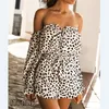 Women Ladies Summer Autumn Off Shoulder Sexy Playsuits Fashion Long Sleeve Leopard Print Bandage Skinny Playsuits Short Pants