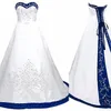 Royal Blue And White A Line Wedding Dress 2022 Princess Satin Lace up Back Court Train Long Wedding Gowns