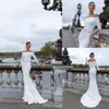 Nieuwste White Mermaid Trouwjurken Bateau Hals Button Beaded Split Sleeves Bruidsjurk Riem Custom Made Satijnen Vestidos de Novia