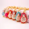 Färgglada Söt väska Keychain Rhinestone Animal Penguin Hänge Bil Tillbehör Nyckel Kedjor Guld Tone Lobster Clasp Key Ring Holder