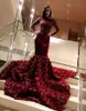 Luxury Burgundy Mermaid Prom Dresses Long 3D Floral Long Sleeves Open Back Formal Dress Evening Wear Party Dresses robes de soirée