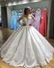 Luxury Arabic Dubai Jewel Neck Ball Gown Wedding Dresses Long Sleeves Lace Applique Ruched Puffy Skirt Wedding Dress Bridal Gowns