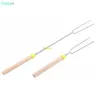 BBQ gafflar Camping Campfire Rostfritt Stål Trähandtag Teleskoping Grill Roasting Fork Sticks Skewers BBQ FORKS 50PCS