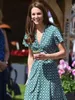 Kate Middleton Princess Geometric Print Midi Dress Pleated Deep V-Neck Dresses221a